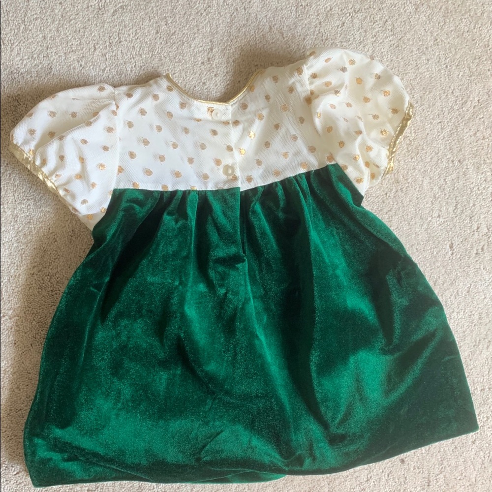 5/20🔴 Green Velvet NWOT Dress Sz 24 M  Girl With White &  Golden Dots with Bow - Picture 5 of 5